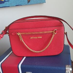 Michael Kors Lipstick Red Jetset Large Saffiano Crossbody Bag EX